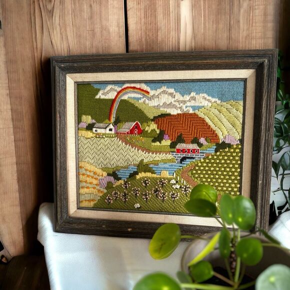 Vintage 70’s Framed Needlepoint Crewel Cottage Core Farmhouse Landscape Scene - Picture 1 of 6